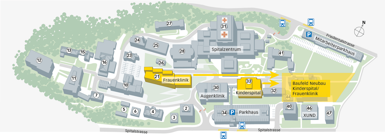 Der Neubau Kinderspital und Frauenklinik soll hinter dem heutigen Kinderspital errichtet werden.